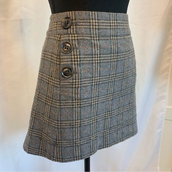 GAP gray brown wool plaid check button detail miniskirt Sz 8 - Picture 4 of 13